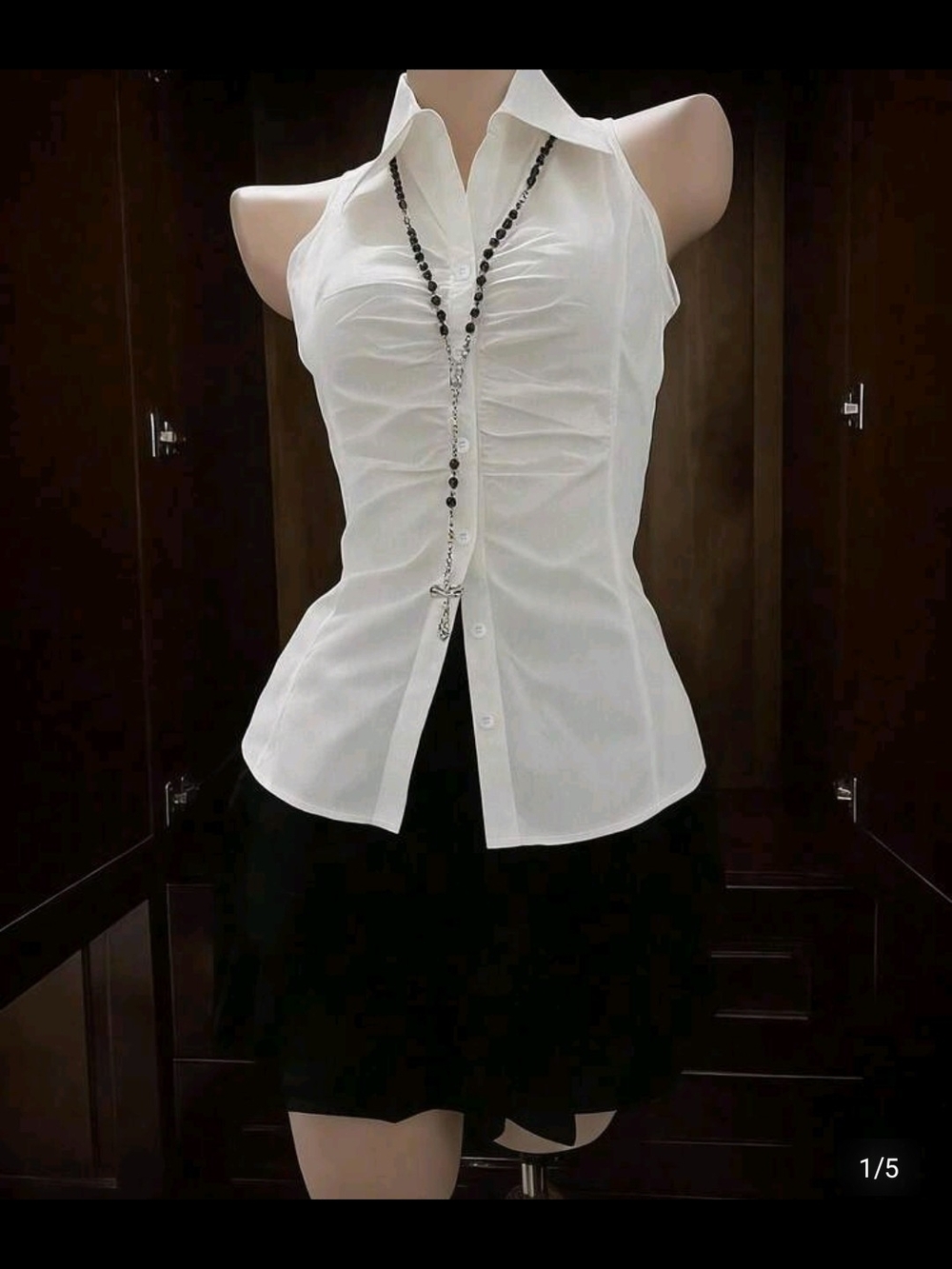 White Sleeveless Ruched Button-Front Top